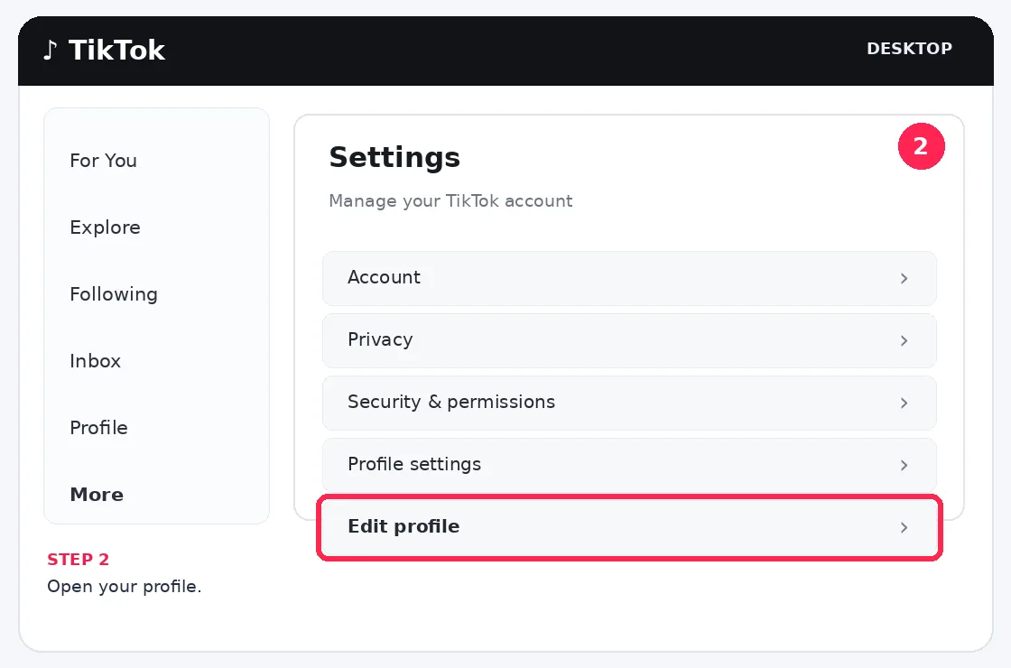 Illustrative TikTok interface for desktop, step 2; actual interface may differ