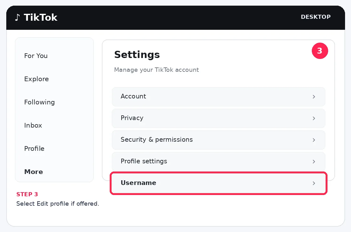 Illustrative TikTok interface for desktop, step 3; actual interface may differ