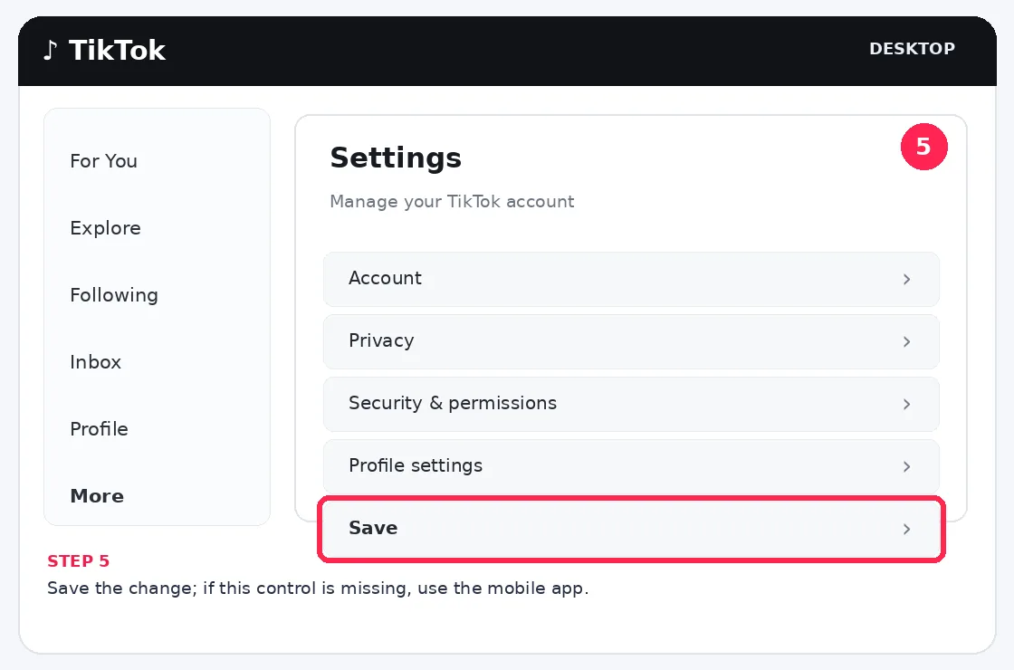 Illustrative TikTok interface for desktop, step 5; actual interface may differ