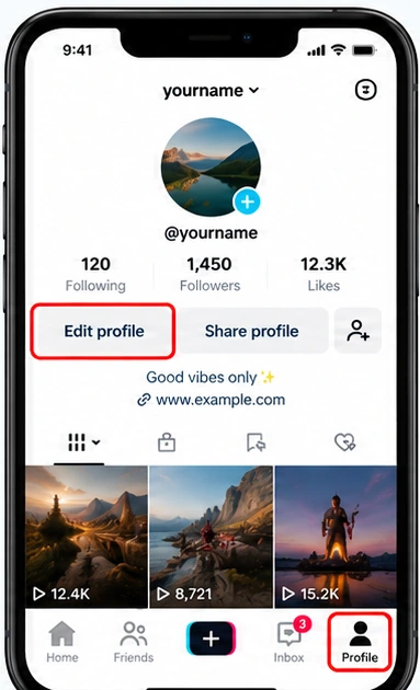 Illustrative TikTok interface for mobile, step 1; actual interface may differ