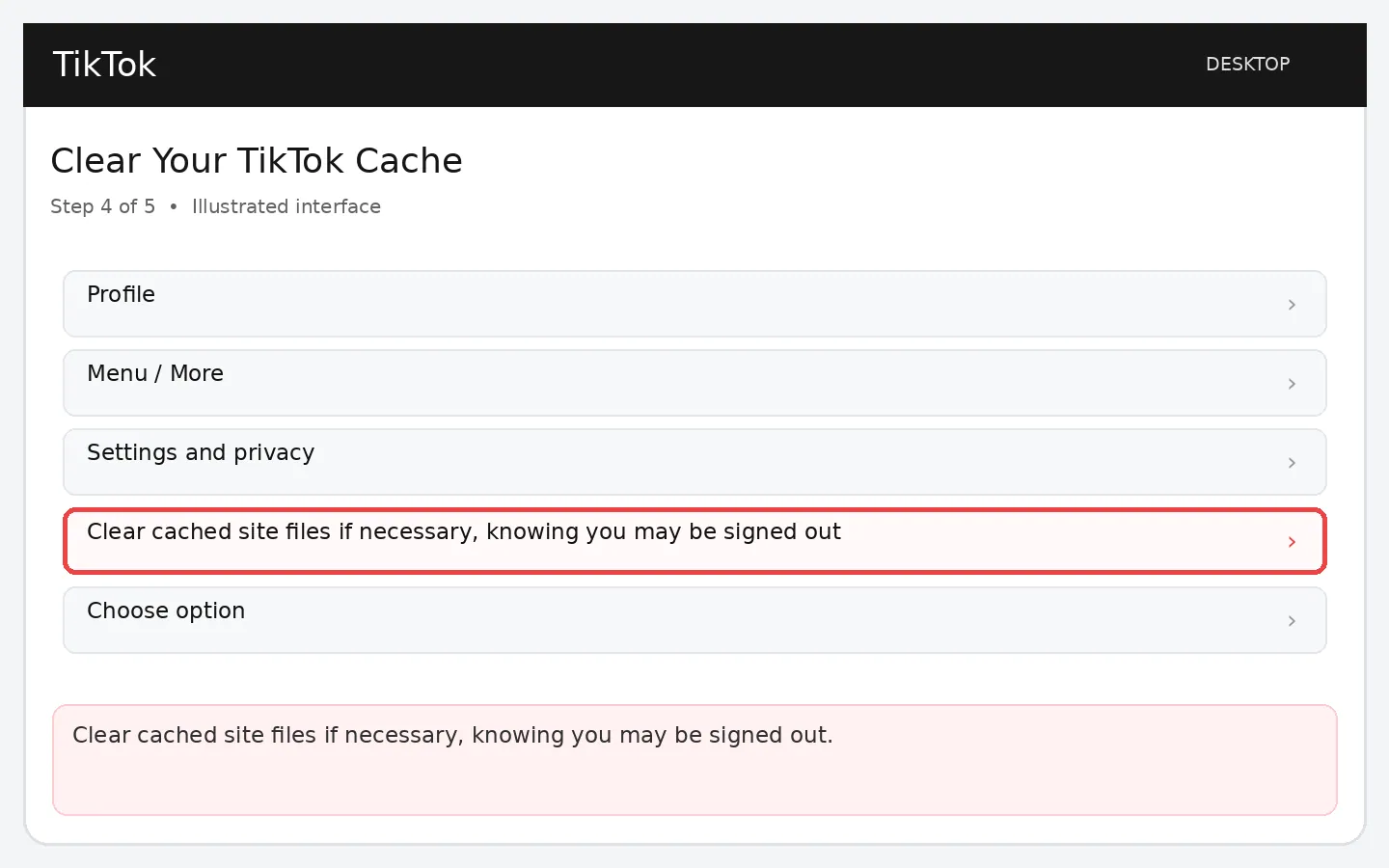 Illustrative TikTok interface for desktop, step 4; actual interface may differ