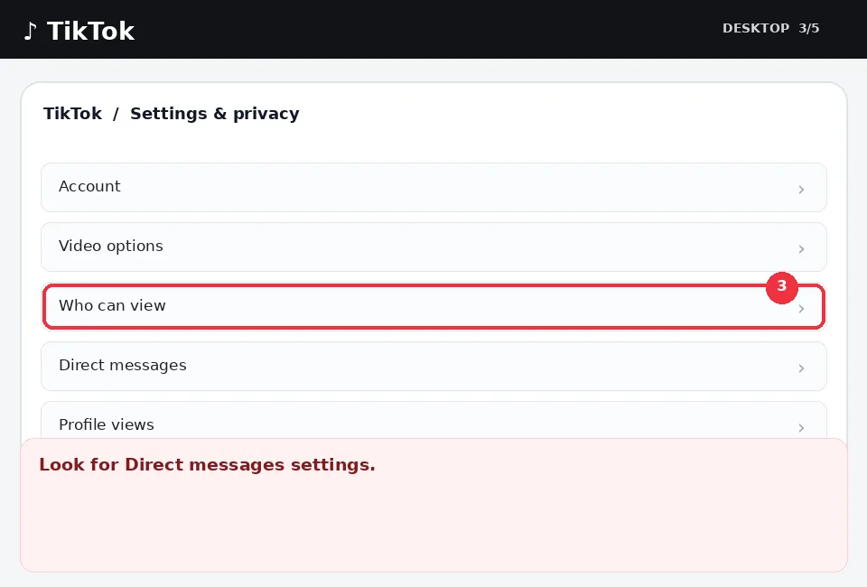 Illustrative TikTok interface for desktop, step 3; actual interface may differ