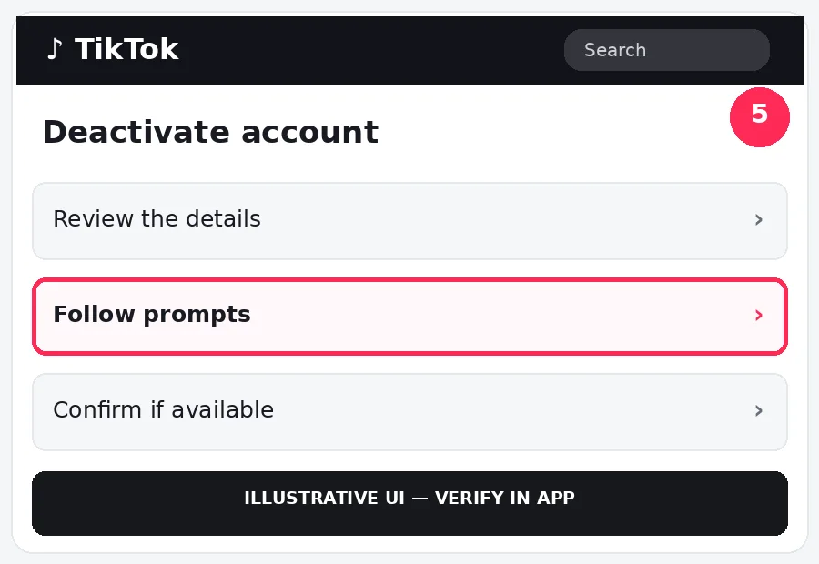 Illustrative TikTok interface for desktop, step 5; actual interface may differ