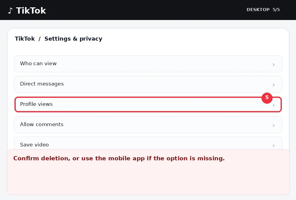 Illustrative TikTok interface for desktop, step 5; actual interface may differ