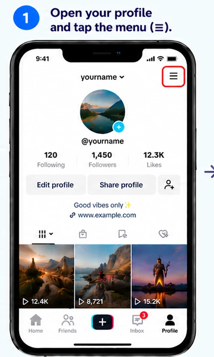 Illustrative TikTok interface for mobile, step 1; actual interface may differ
