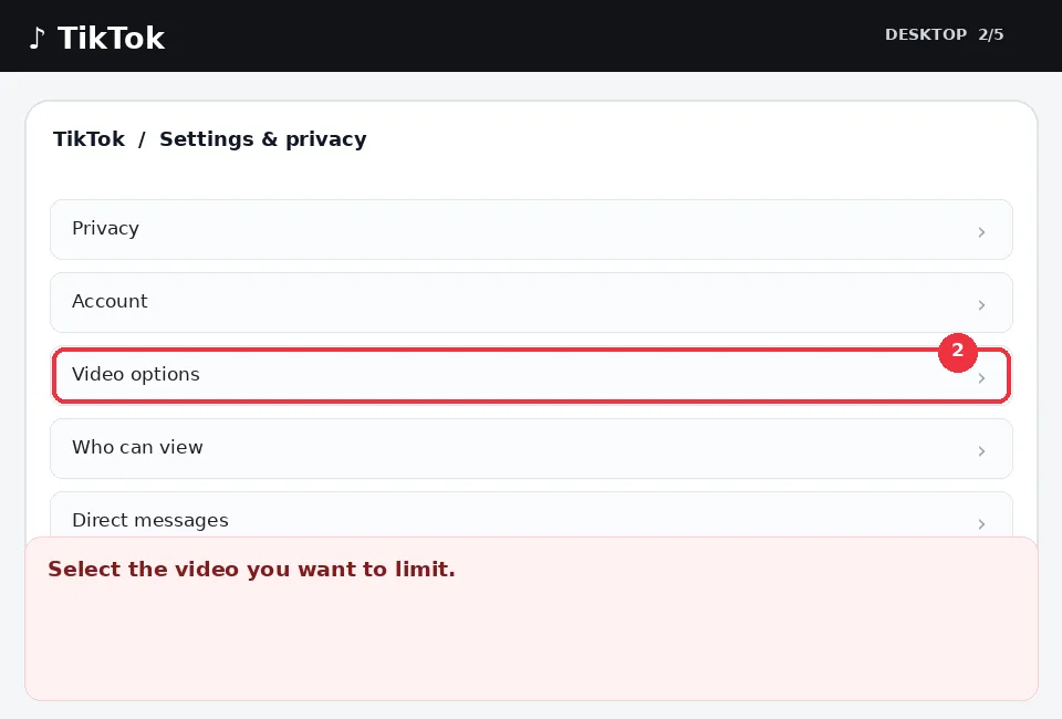 Illustrative TikTok interface for desktop, step 2; actual interface may differ