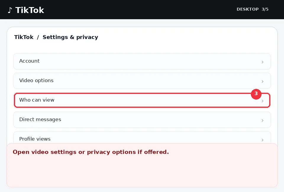 Illustrative TikTok interface for desktop, step 3; actual interface may differ