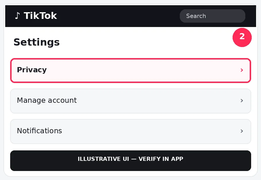 Illustrative TikTok interface for desktop, step 2; actual interface may differ
