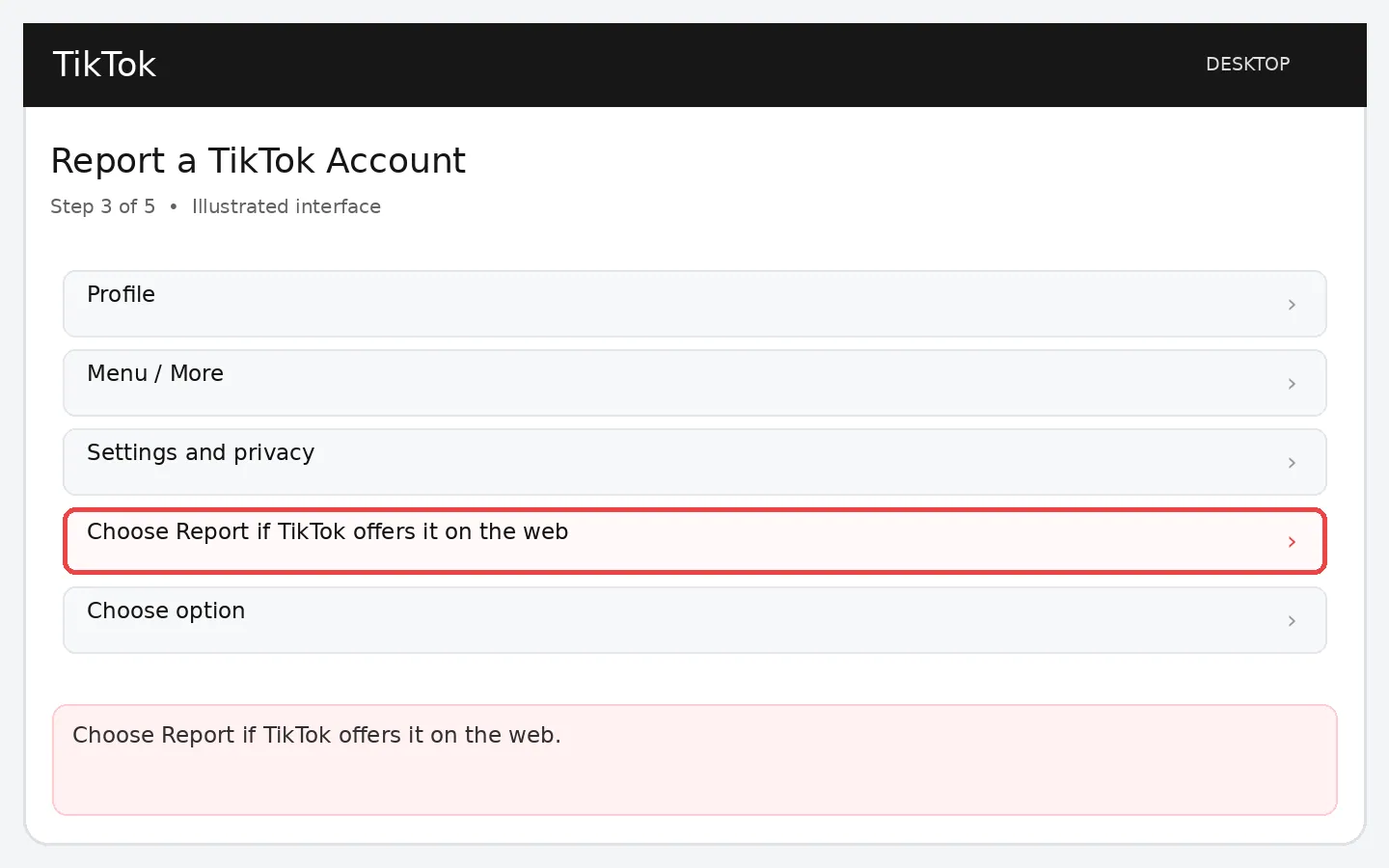 Illustrative TikTok interface for desktop, step 3; actual interface may differ