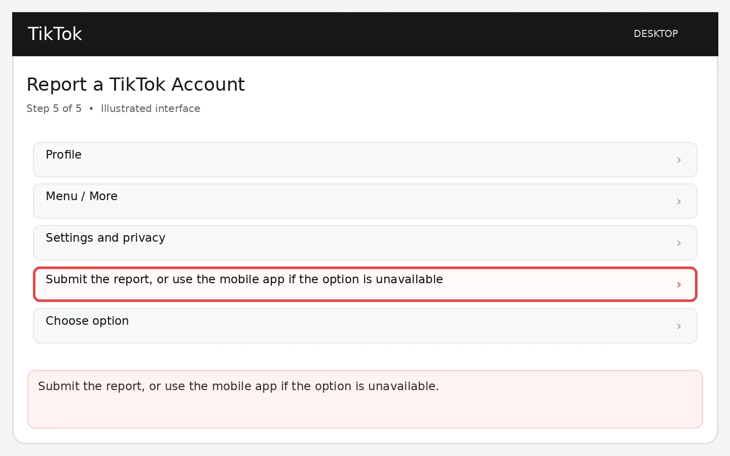 Illustrative TikTok interface for desktop, step 5; actual interface may differ