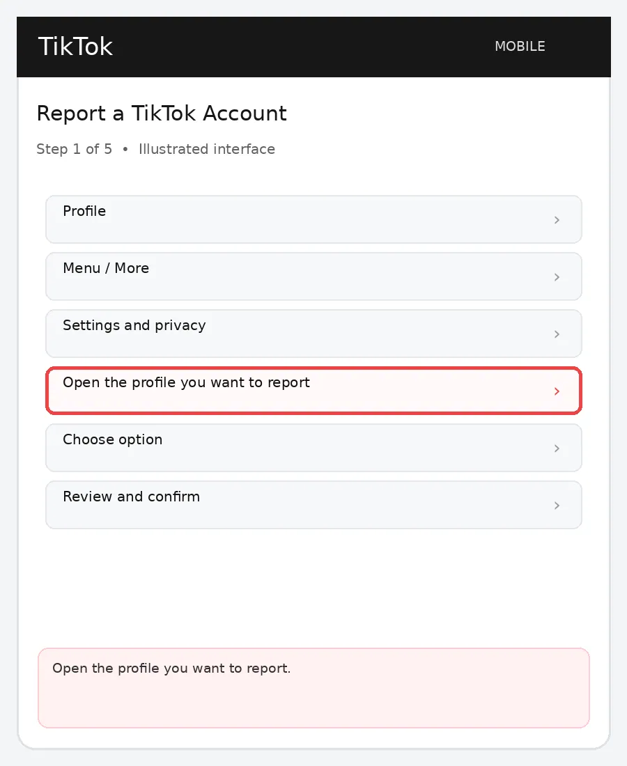 Illustrative TikTok interface for mobile, step 1; actual interface may differ