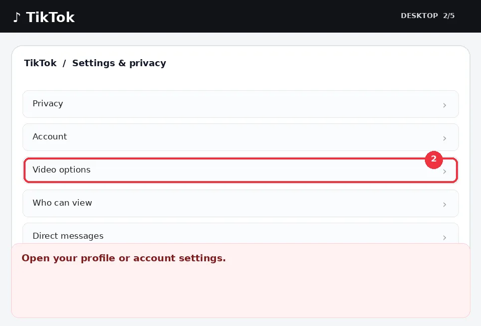Illustrative TikTok interface for desktop, step 2; actual interface may differ