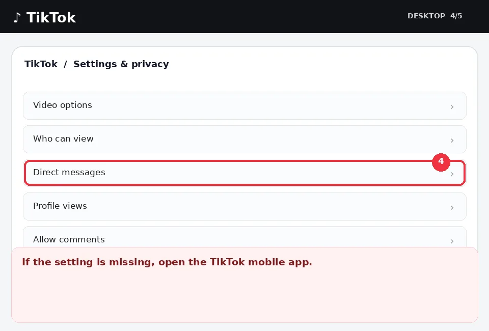 Illustrative TikTok interface for desktop, step 4; actual interface may differ