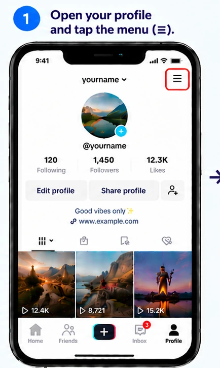 Illustrative TikTok interface for mobile, step 1; actual interface may differ